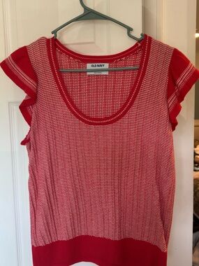 Old Navy Red & White Scoop Neck Knit Tank with Flutter Sleeves